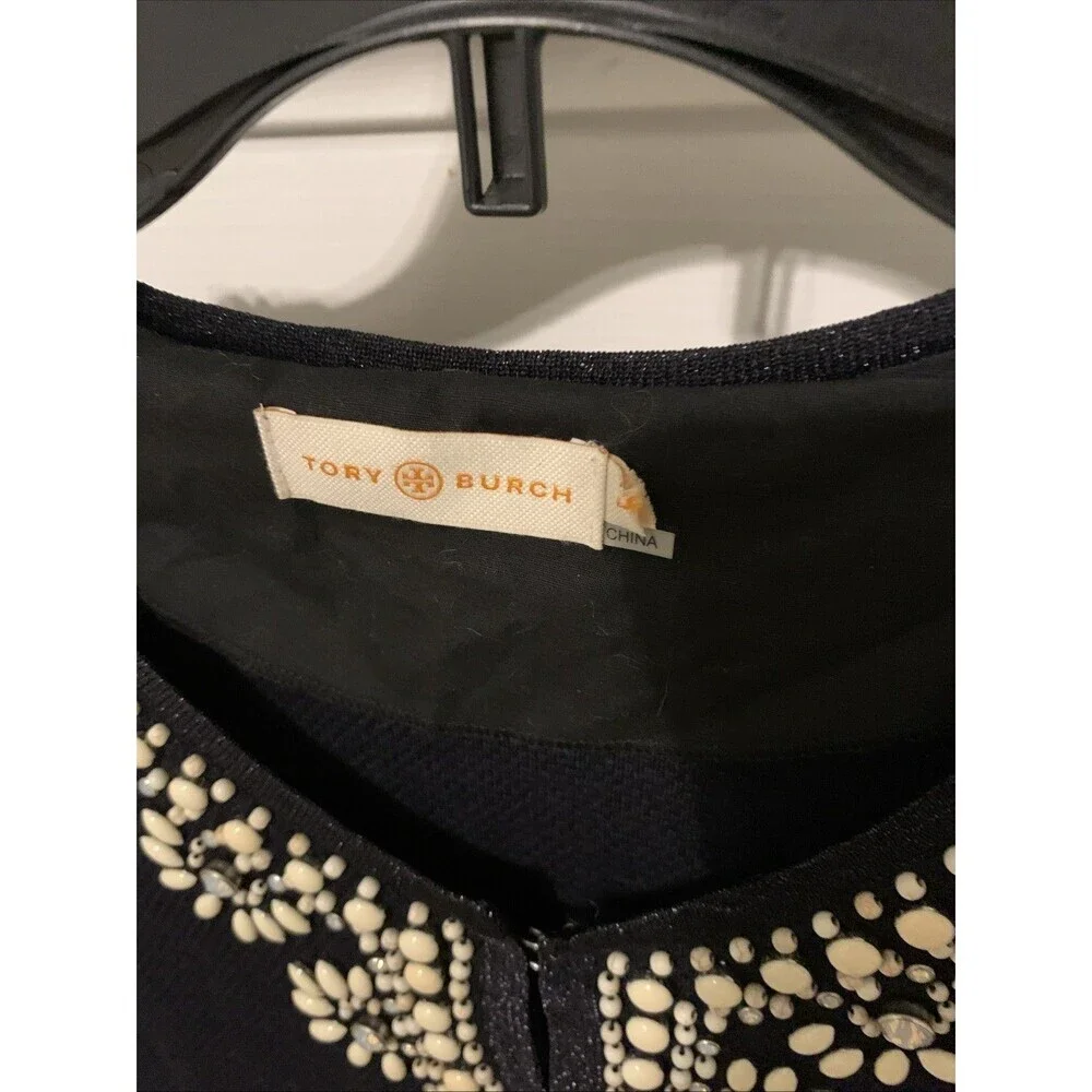 Tory Burch Embellished Black Sweater Tunic Beaded Floral  Size M Cotton